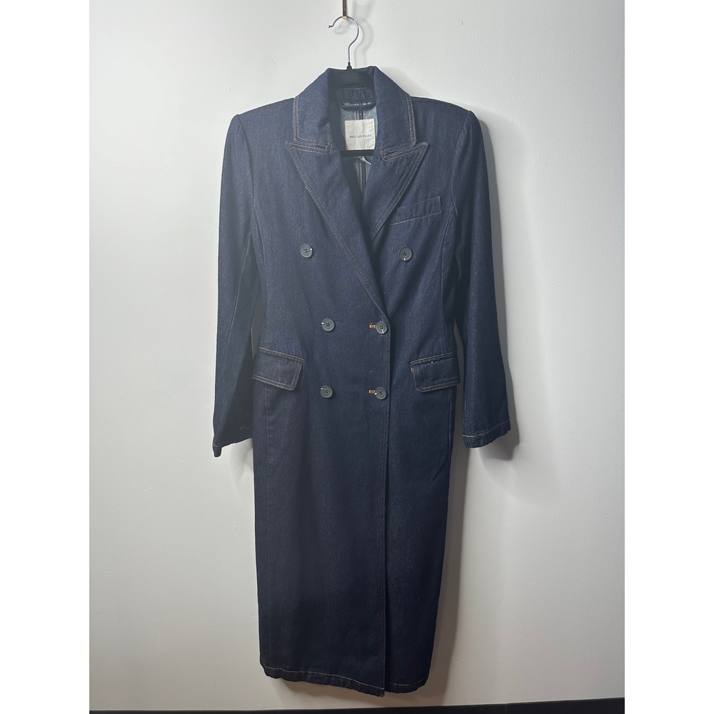 Avec Les Filles Denim Trench Coat Double Breasted Indigo Blue Duster Small